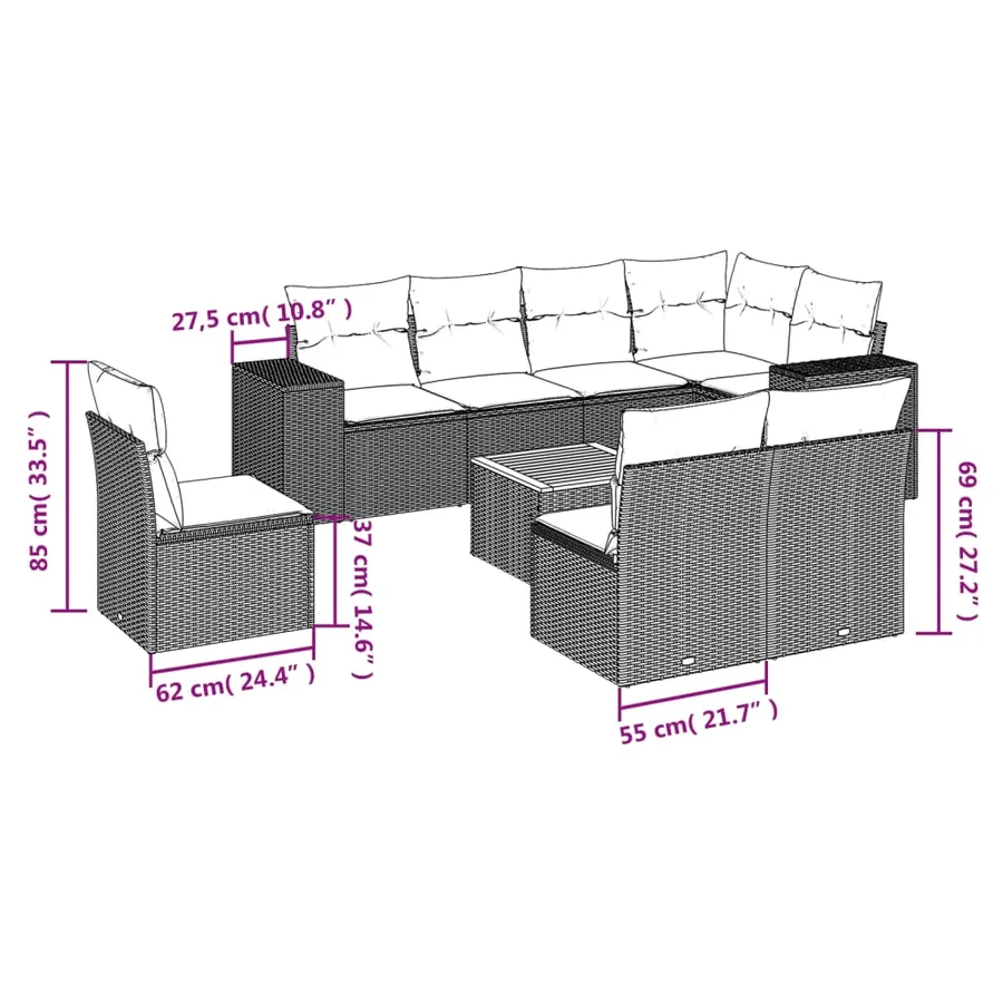 Salon de jardin 9 pcs avec coussins noir résine tressée - 3