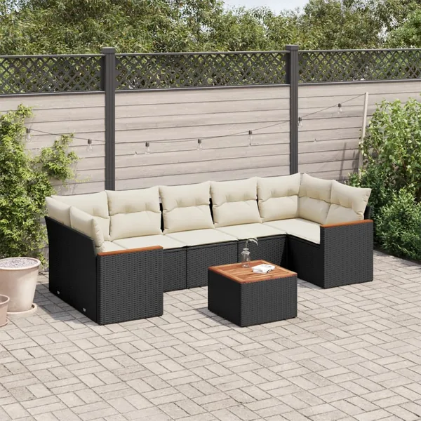 Salon de jardin 8 pcs avec coussins noir résine tressée
