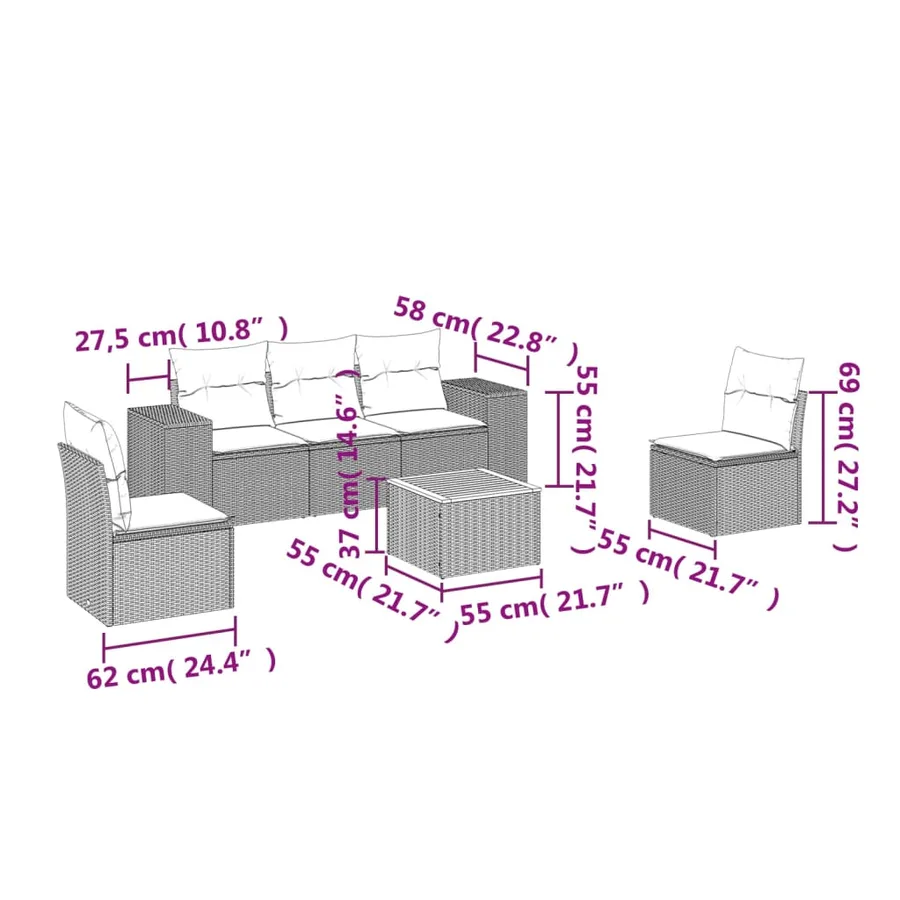 Salon de jardin 6 pcs avec coussins noir résine tressée - 3