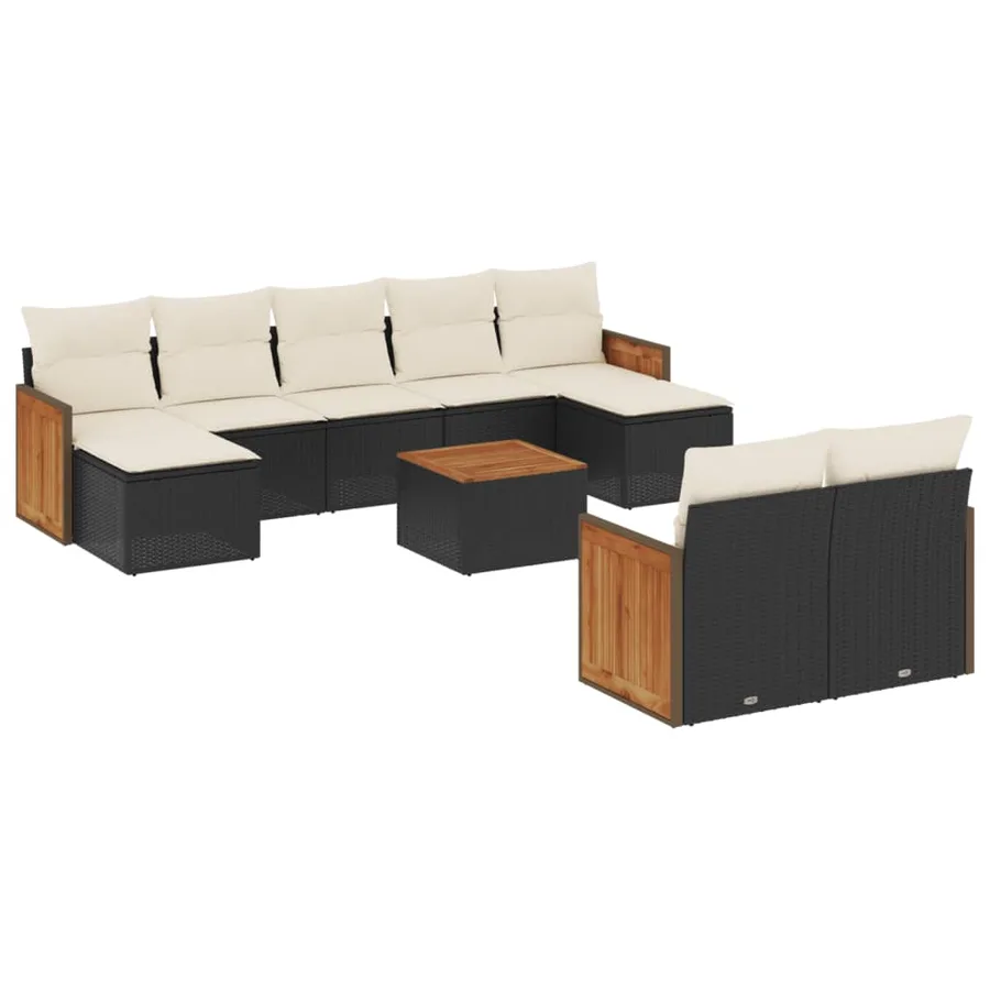Salon de jardin 10 pcs avec coussins noir résine tressée - 2