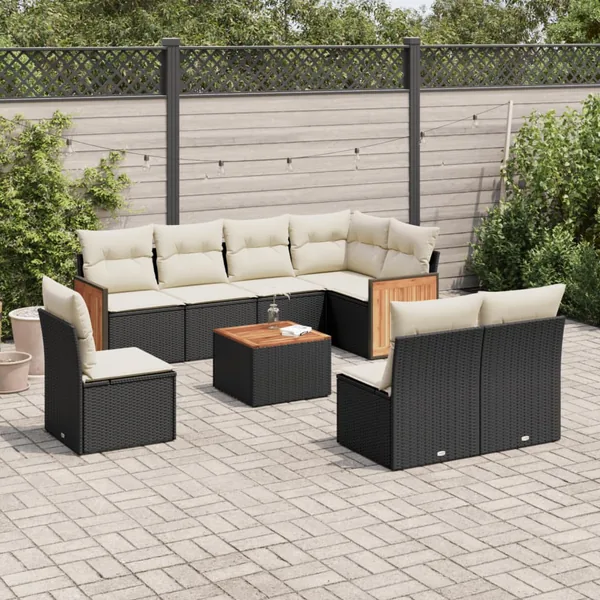 Salon de jardin 9 pcs avec coussins noir résine tressée