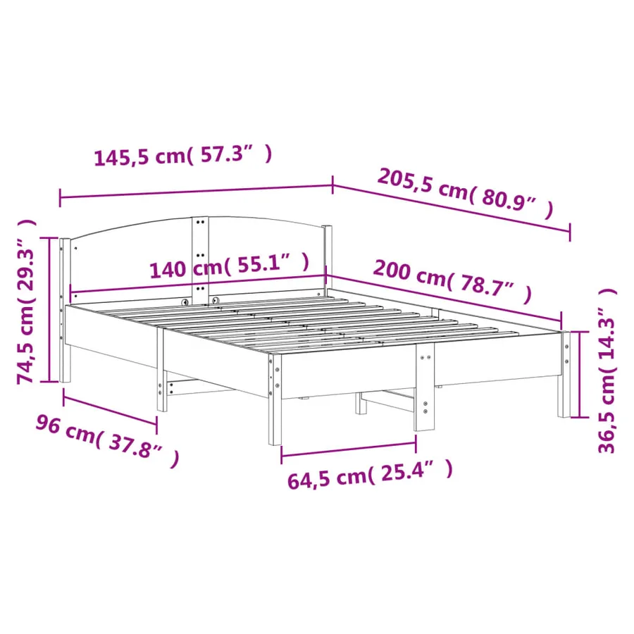 Cadre de lit sans matelas blanc 140x200 cm bois de pin massif - 9