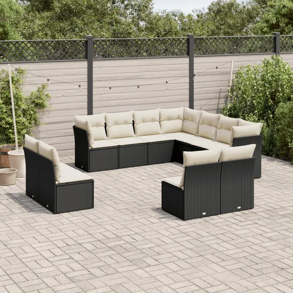 Salon de jardin 11 pcs avec coussins noir résine tressée