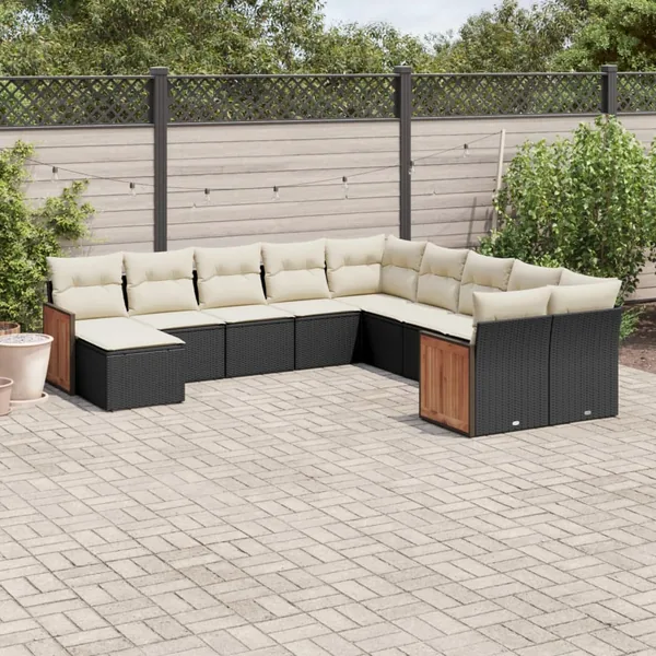 Salon de jardin 11 pcs avec coussins noir résine tressée