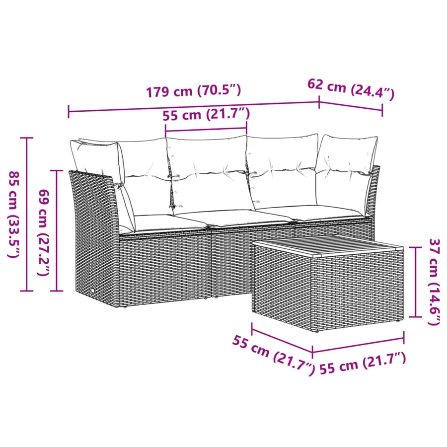 Salon de jardin avec coussins 4 pcs beige résine tressée - 15