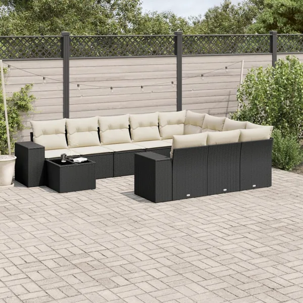 Salon de jardin 11 pcs avec coussins noir résine tressée