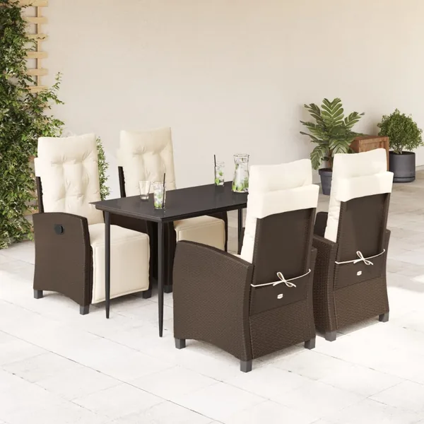 Ensemble à manger de jardin 5 pcs et coussins marron poly rotin