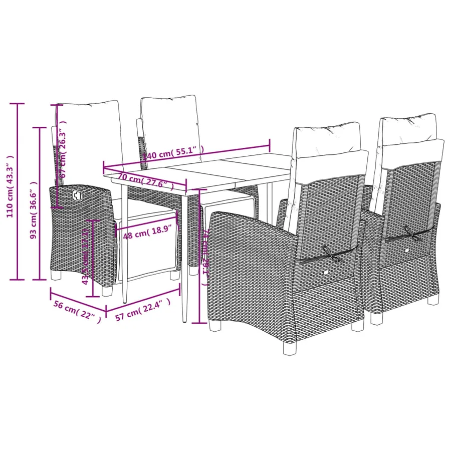 Ensemble à manger de jardin 5 pcs et coussins marron poly rotin - 9