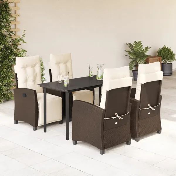 Ensemble à manger de jardin 5 pcs et coussins marron poly rotin