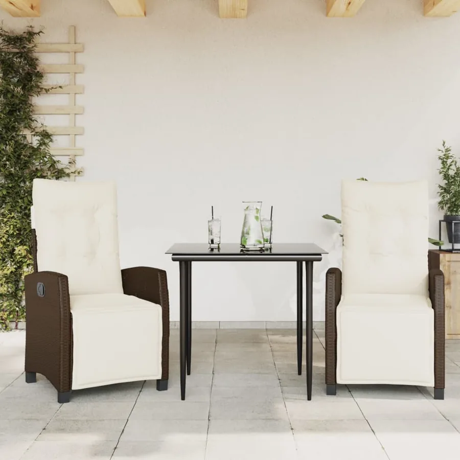Ensemble à manger de jardin 3 pcs et coussins marron poly rotin