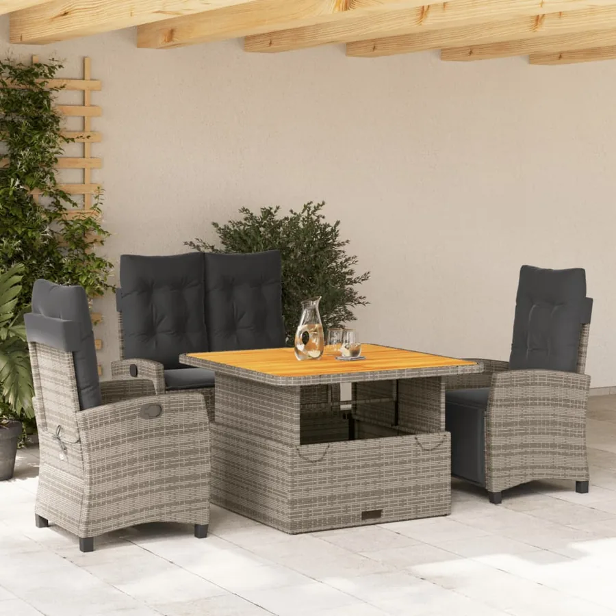 Ensemble à manger jardin 4pcs et coussins Gris Résine tressée