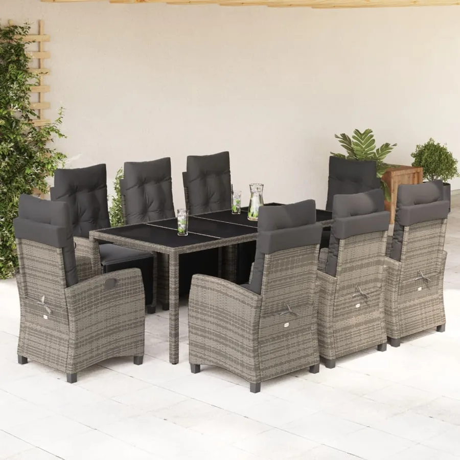 Ensemble à manger de jardin 9 pcs coussins gris résine tressée