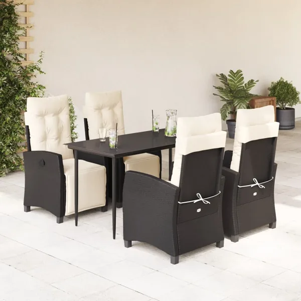 Ensemble à manger de jardin coussins 5pcs Noir Résine tressée