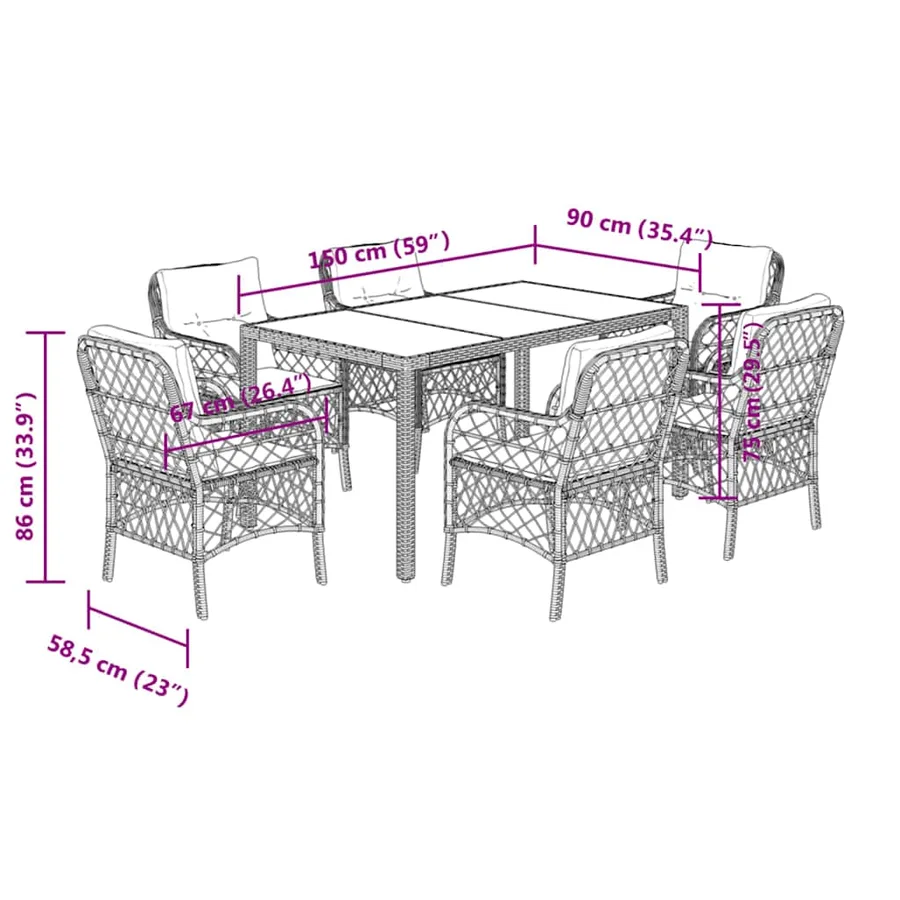 Ensemble à manger de jardin coussins 7pcs Noir Résine tressée - 7