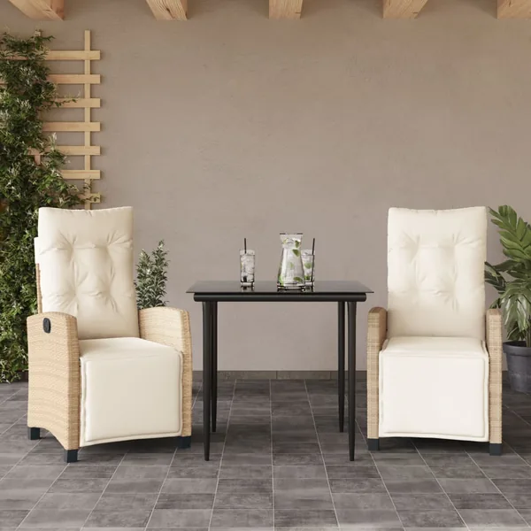 Ensemble à manger de jardin et coussins 3 pcs Beige poly rotin