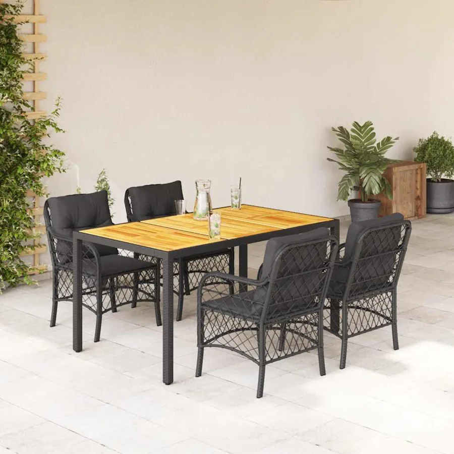 Ensemble à manger de jardin coussins 5pcs Noir Résine tressée