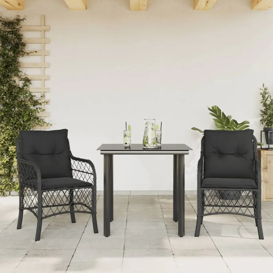 Ensemble de bistro 3 pcs avec coussins noir résine tressée