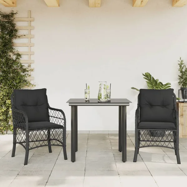 Ensemble de bistro 3 pcs avec coussins noir résine tressée