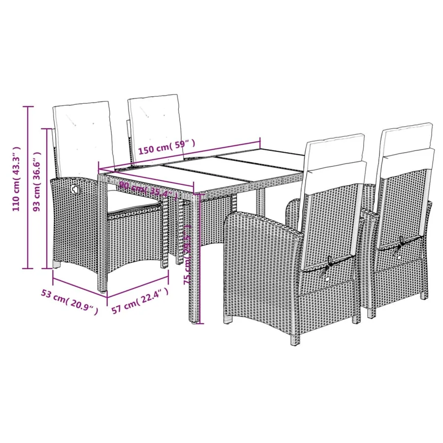 Ensemble à manger de jardin coussins 5pcs Noir Résine tressée - 9
