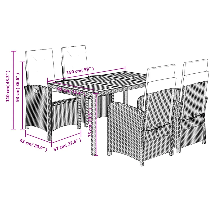 Ensemble à manger de jardin coussins 5pcs Noir Résine tressée - 9