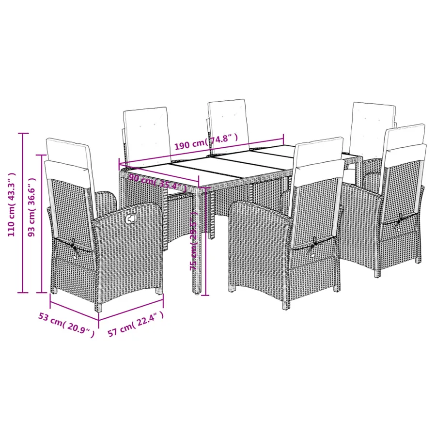 Ensemble à manger de jardin et coussins 7 pcs gris rotin - 9