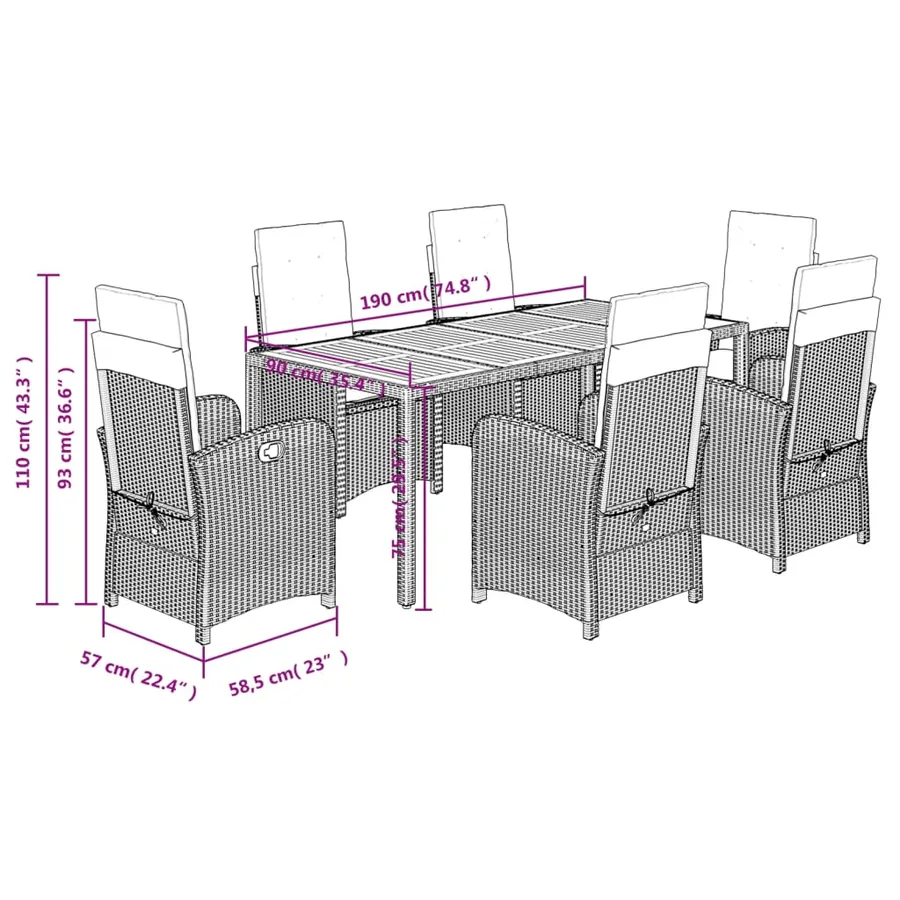 Ensemble à manger de jardin et coussins 7 pcs gris rotin - 9