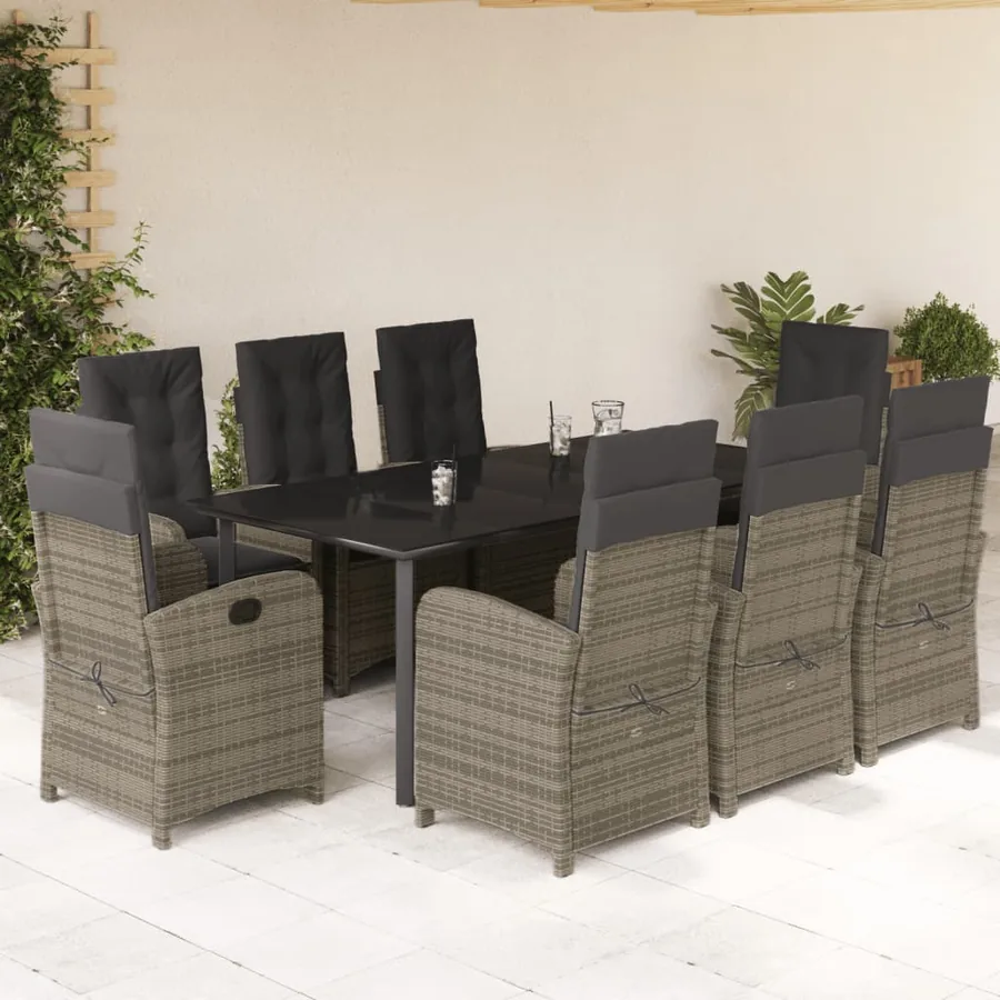 Ensemble à manger de jardin 9 pcs coussins gris résine tressée