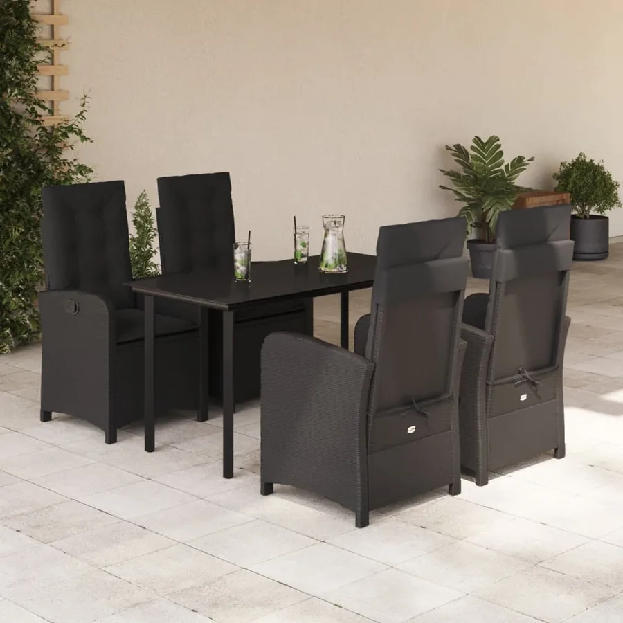 Ensemble à manger de jardin coussins 5pcs Noir Résine tressée