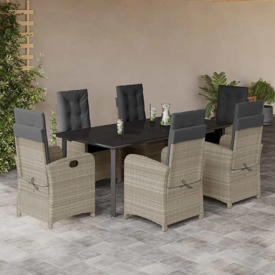 Ensemble à manger de jardin et coussins 7 pcs gris clair rotin
