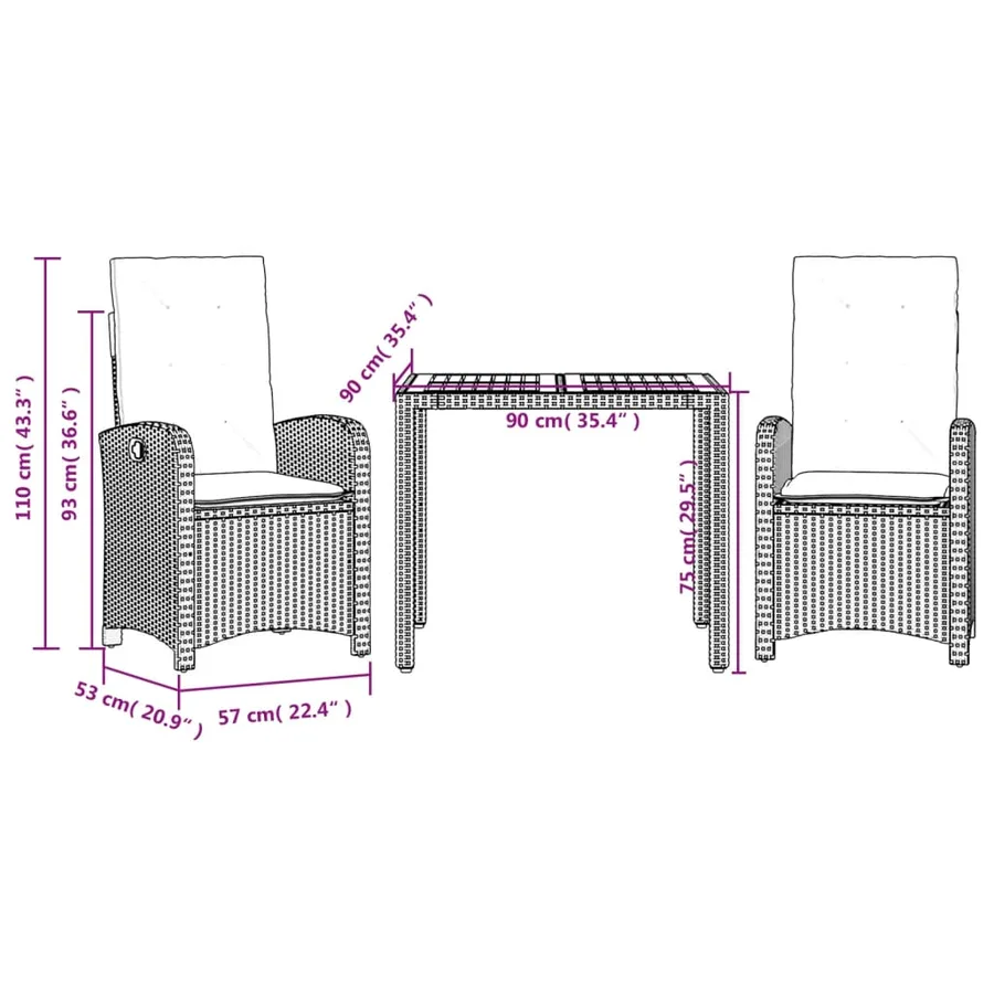 Ensemble à manger de jardin avec coussins 3 pcs Noir - 9
