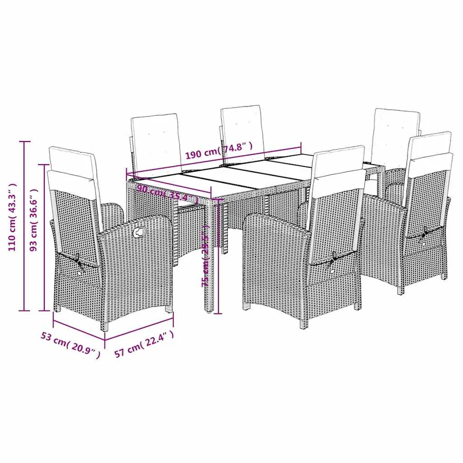 Ensemble à manger de jardin coussins 7pcs Noir Résine tressée - 9
