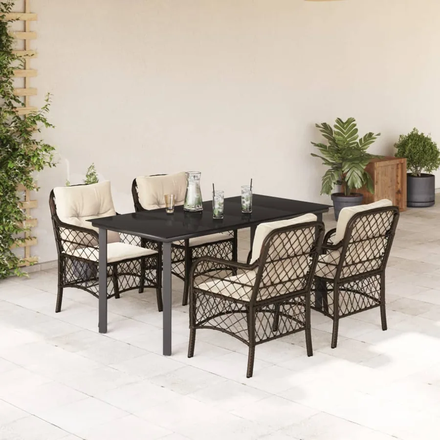 Ensemble à manger de jardin 5 pcs et coussins marron poly rotin