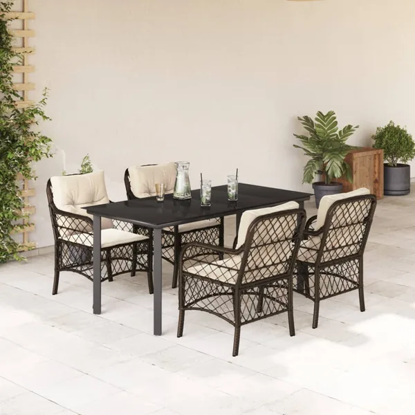 Ensemble à manger de jardin 5 pcs et coussins marron poly rotin