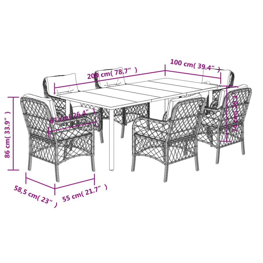Ensemble à manger de jardin et coussins 7 pcs marron rotin - 7