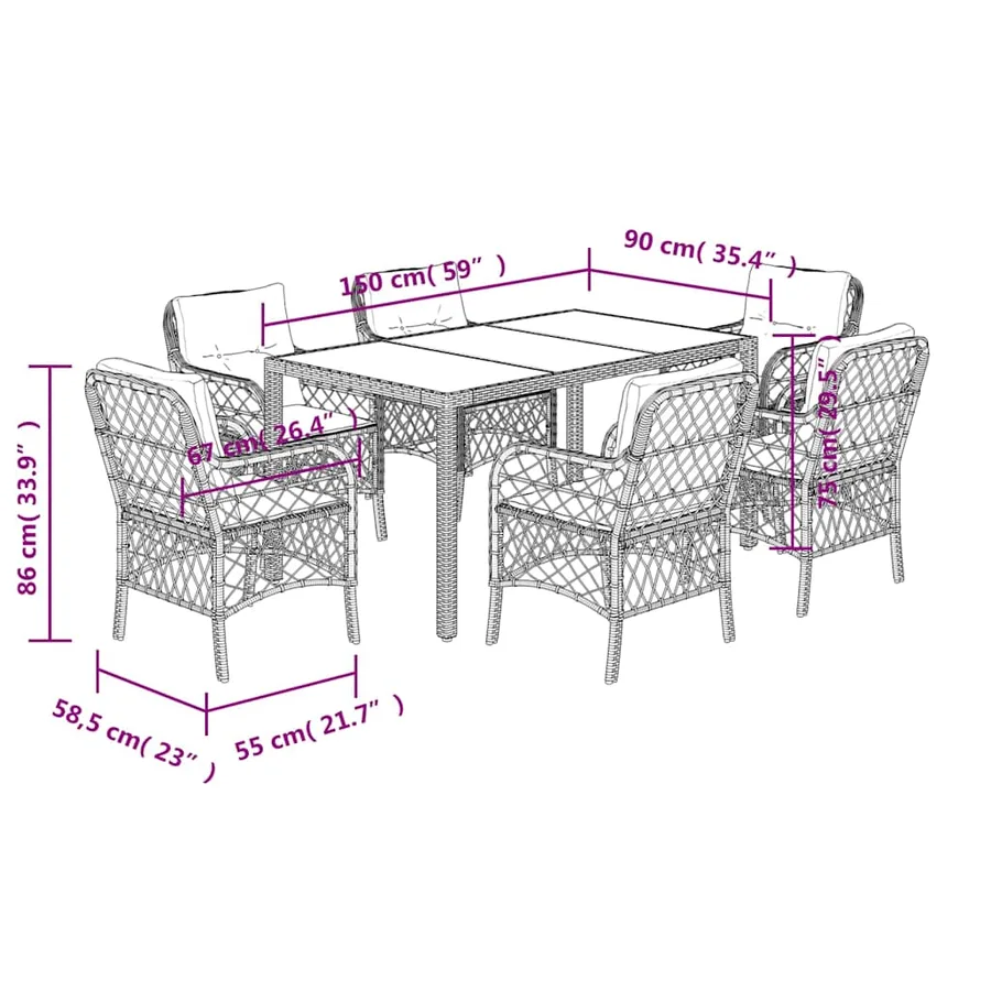 Ensemble à manger de jardin et coussins 7 pcs gris rotin - 7