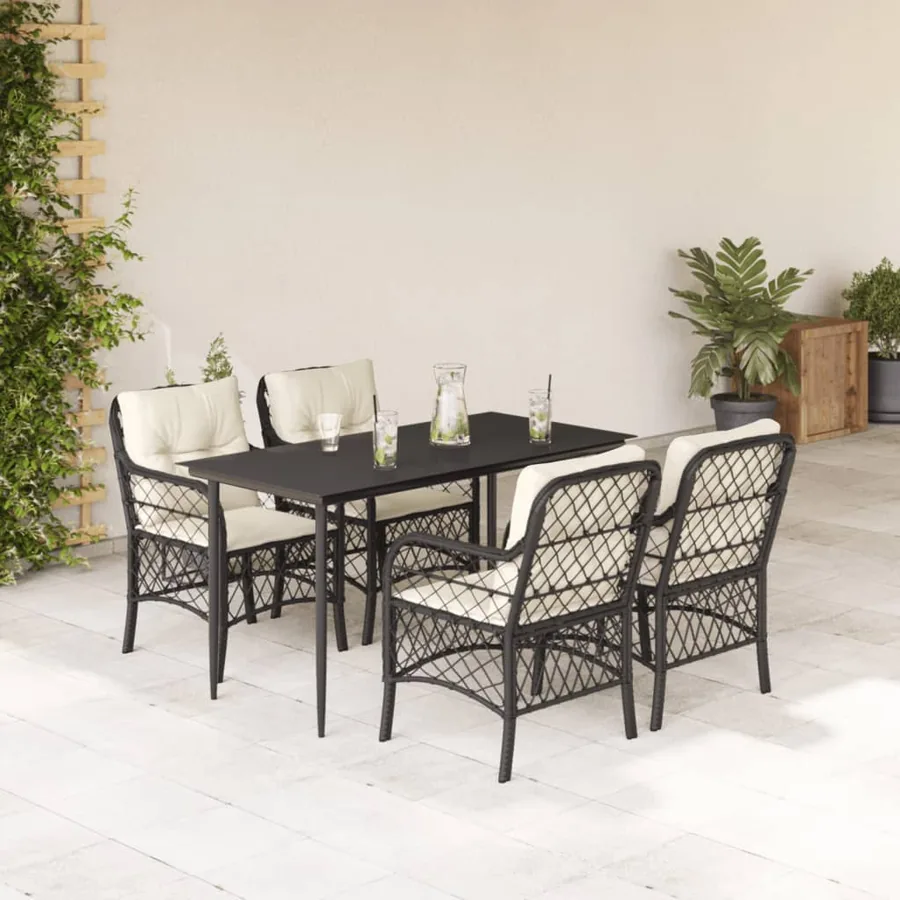 Ensemble à manger de jardin coussins 5pcs Noir Résine tressée