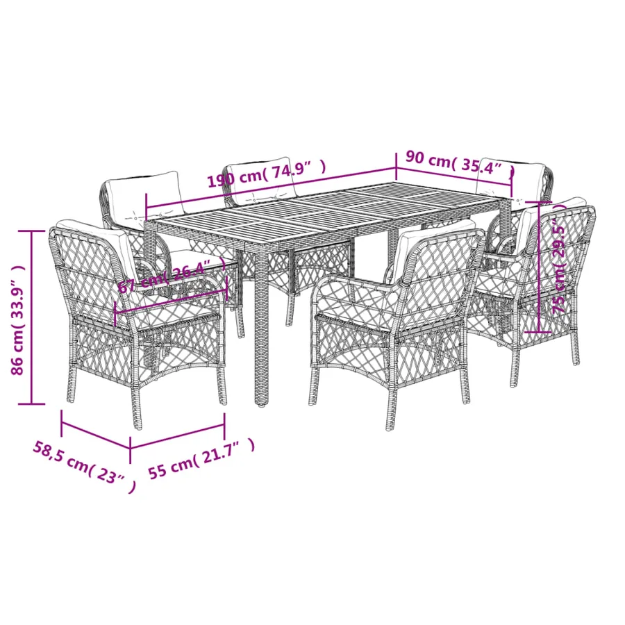 Ensemble à manger de jardin et coussins 7 pcs gris rotin - 7