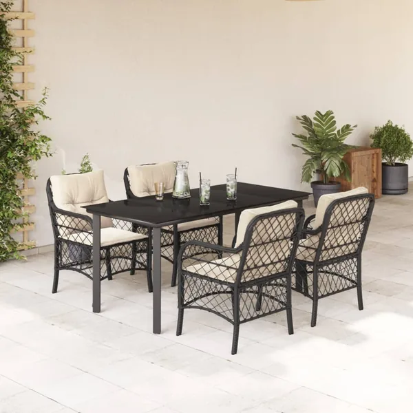 Ensemble à manger de jardin coussins 5pcs Noir Résine tressée