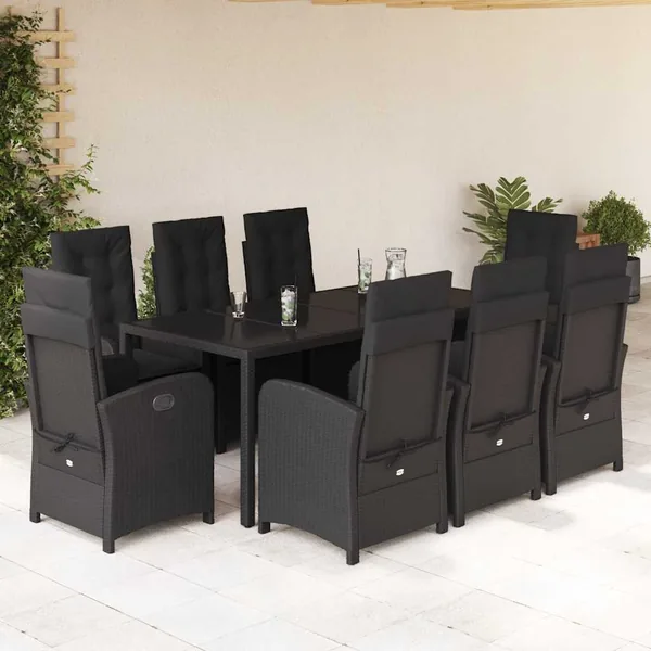 Ensemble à manger de jardin 9pcs coussins noir résine tressée