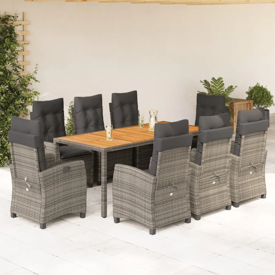Ensemble à manger de jardin 9 pcs coussins gris résine tressée