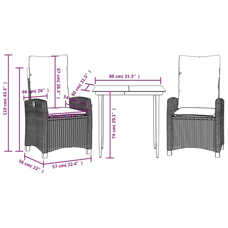 Ensemble à manger de jardin avec coussins 3 pcs Noir - 9