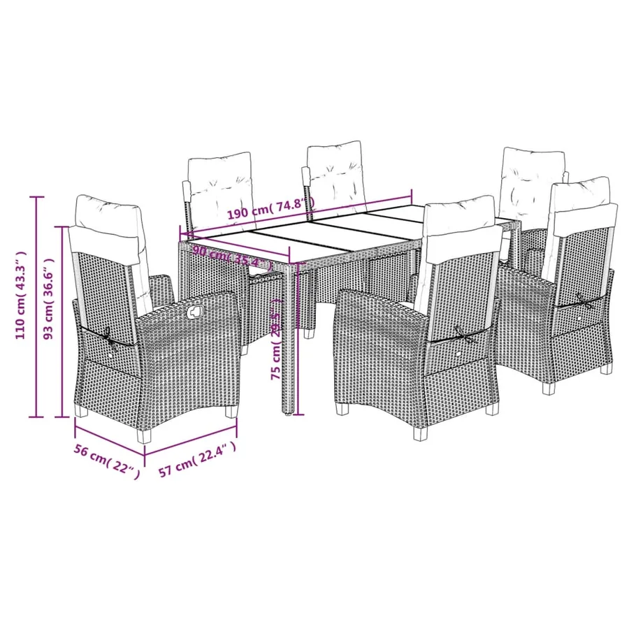 Ensemble à manger de jardin coussins 7pcs Noir Résine tressée - 9