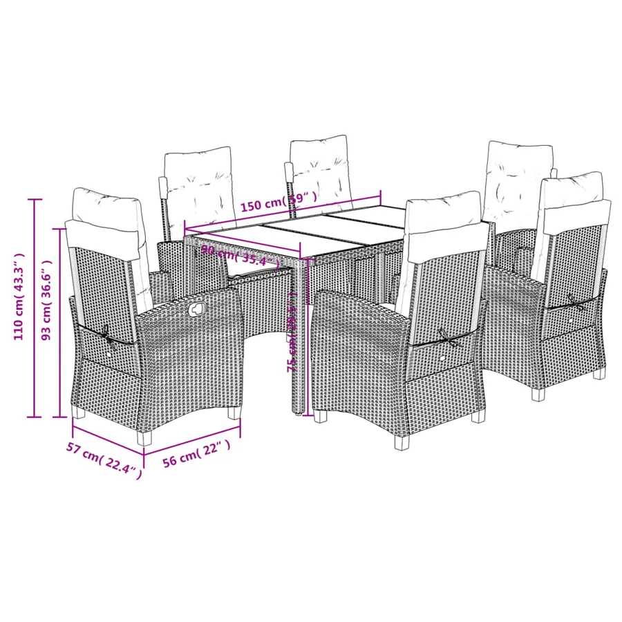 Ensemble à manger de jardin coussins 7pcs Noir Résine tressée - 9