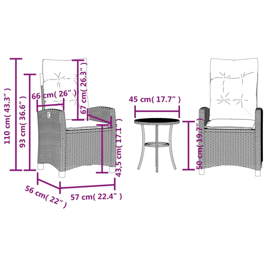Ensemble de bistro 3 pcs avec coussins gris résine tressée - 15