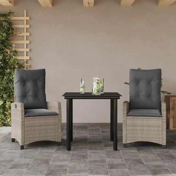 Ensemble à manger de jardin 3pcs coussins gris clair poly rotin