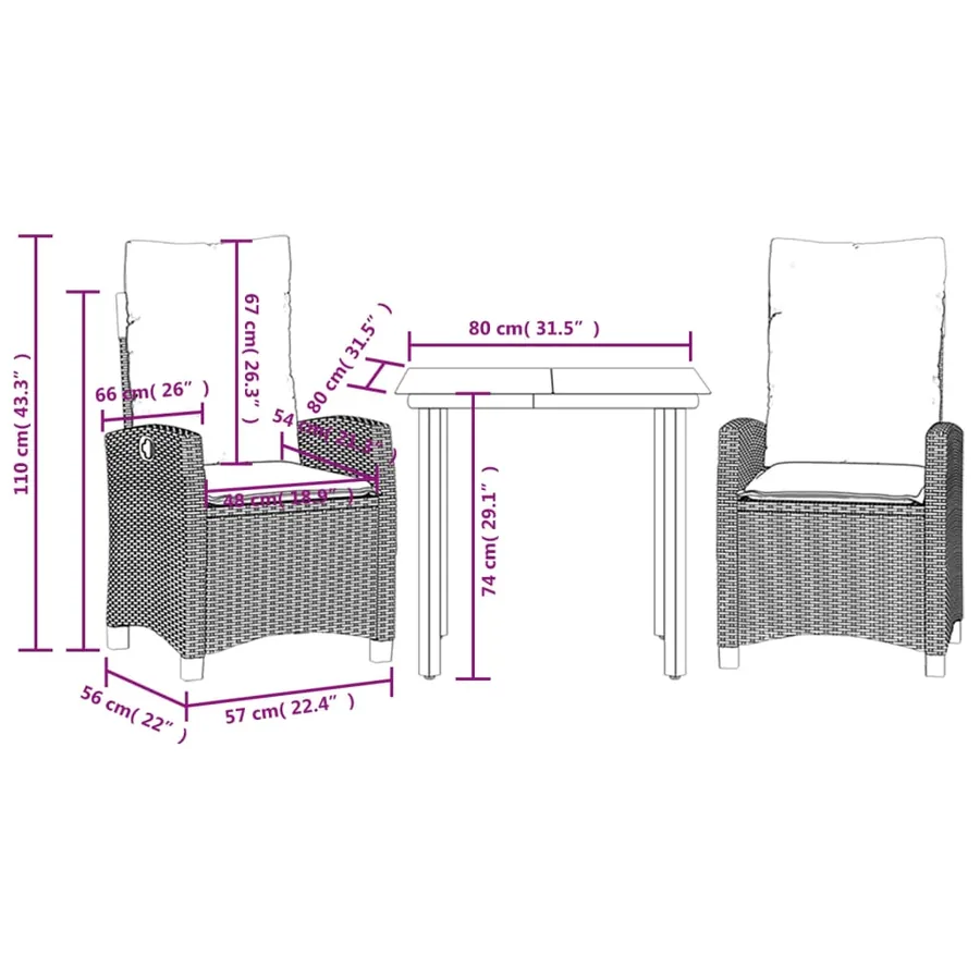 Ensemble à manger de jardin 3pcs coussins gris clair poly rotin - 9