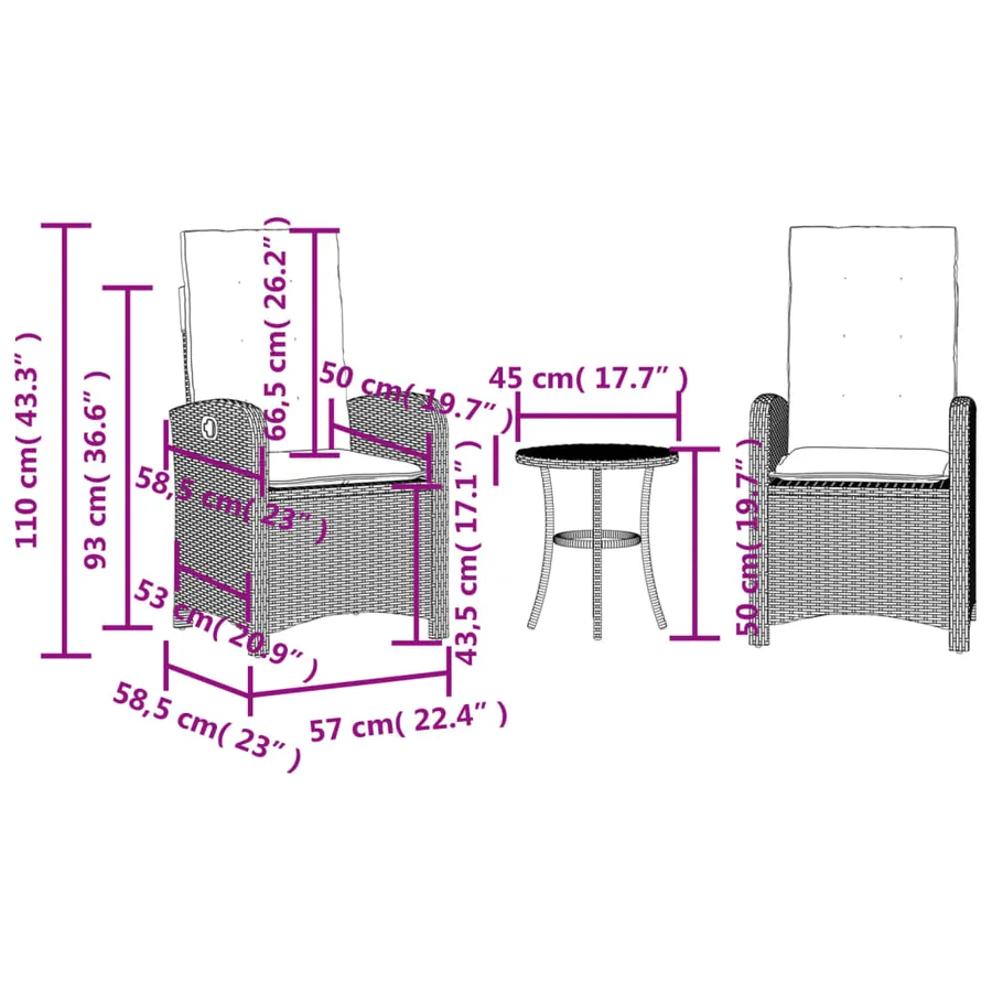 Ensemble de bistro 3 pcs avec coussins noir résine tressée - 15
