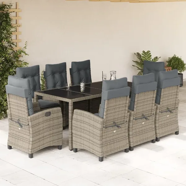 Ensemble à manger de jardin 9 pcs coussins gris résine tressée