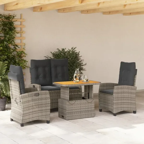 Ensemble à manger jardin 4pcs et coussins Gris Résine tressée