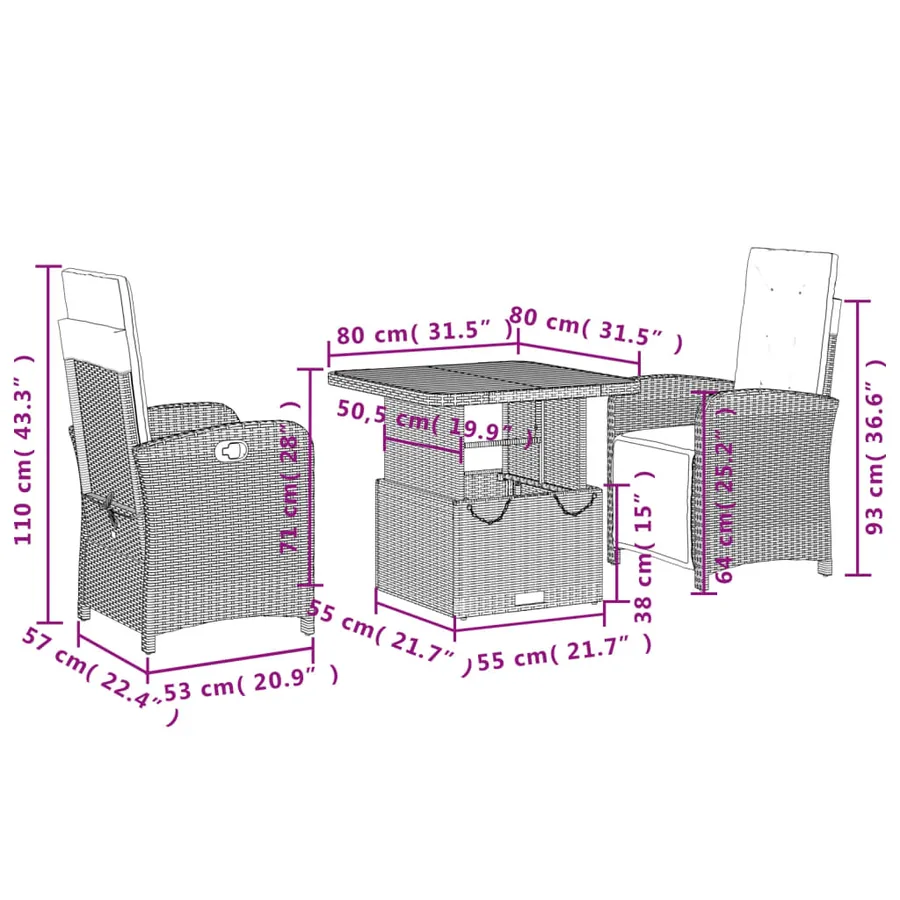 Ensemble à manger de jardin avec coussins 3 pcs Noir - 8